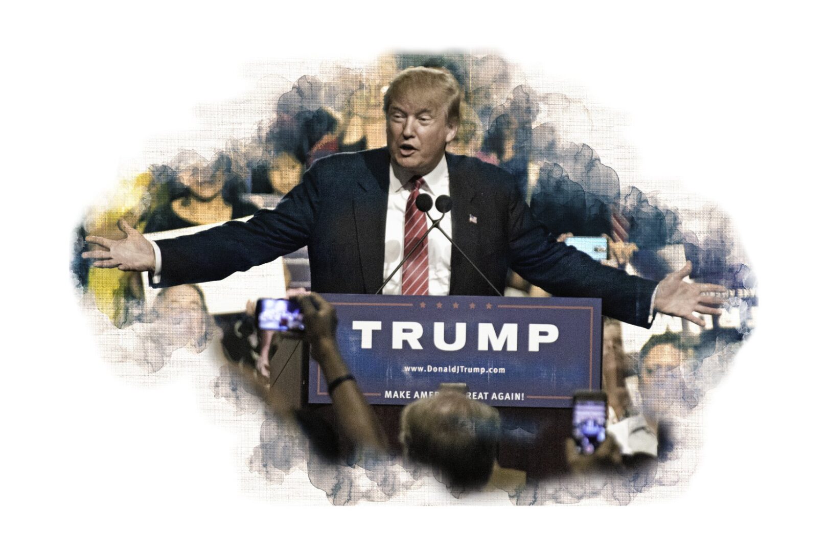 Illustration of Donald Trump at a rally. 