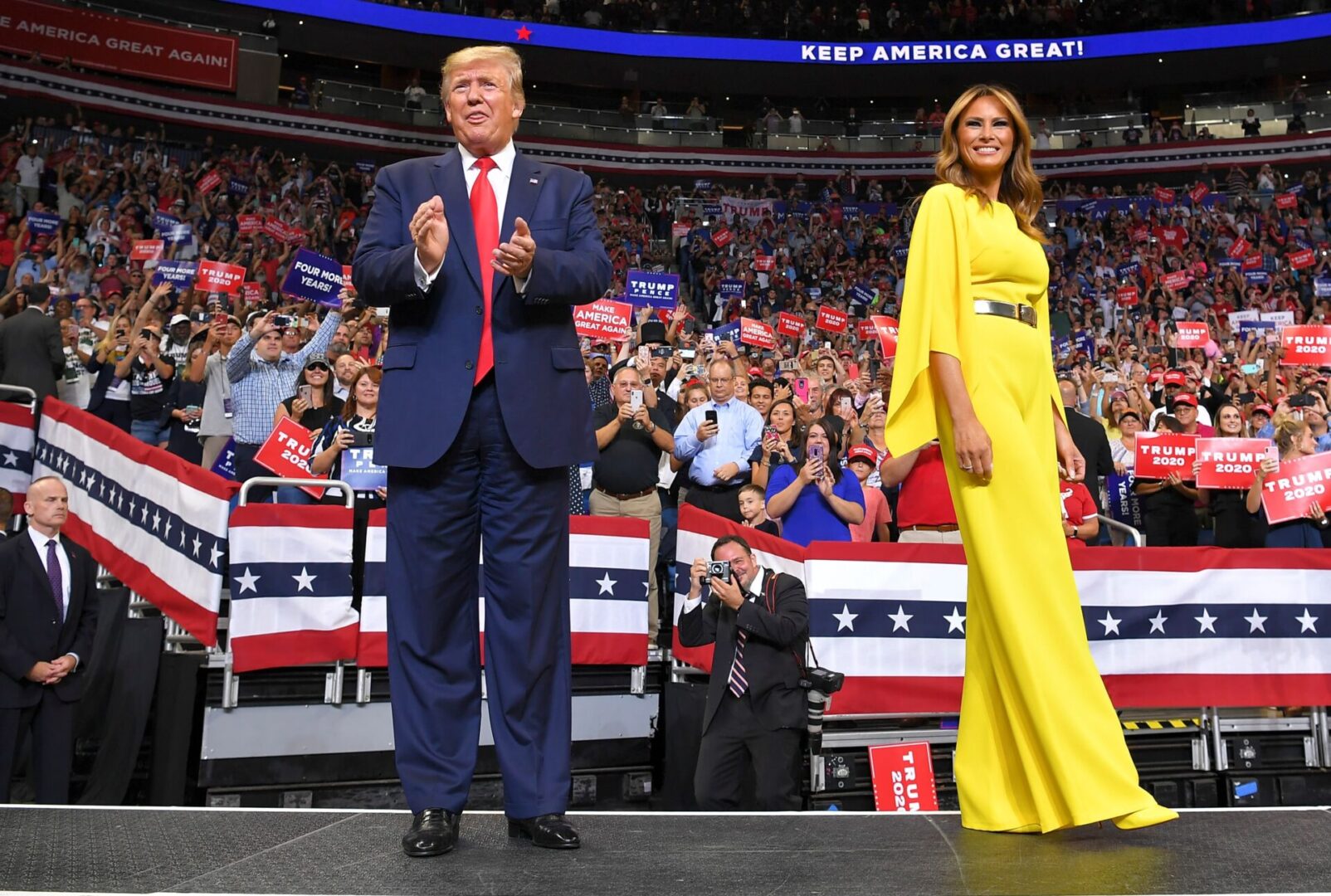 US President Donald Trump and First Lady Melania Trump arrive for the official launch of the Trump 2020 campaign at the Amway Center in Orlando, Florida on June 18, 2019. - Trump kicks off his reelection campaign at what promised to be a rollicking evening rally in Orlando. (Photo by MANDEL NGAN / AFP)        (Photo credit should read MANDEL NGAN/AFP via Getty Images)