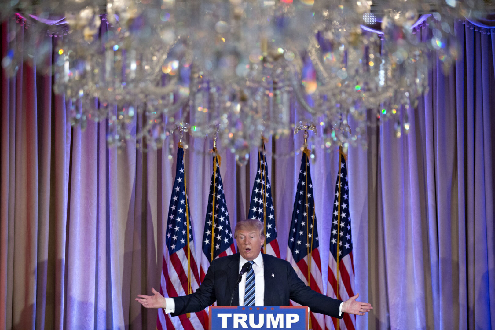 Donald Trump, president and chief executive of Trump Organization Inc. and 2016 Republican presidential candidate, speaks during a news conference at the Mar-A-Lago Club in Palm Beach, Florida, U.S., on Friday, March 11, 2016. Ben Carson, who recently ended his quest for Republican presidential nomination, endorsed his onetime rival Donald Trump Friday striking a blow to presidential candidate Senator Ted Cruz, who had courted Carson because they appeal to many of the same religious-minded voters. Photographer: Andrew Harrer/Bloomberg via Getty Images